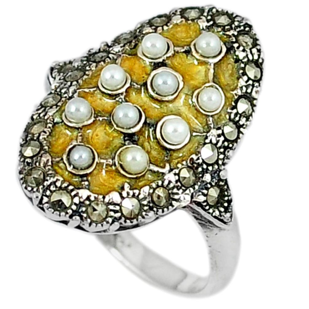 Natural white pearl round marcasite enamel 925 silver ring size 5.5 a29834