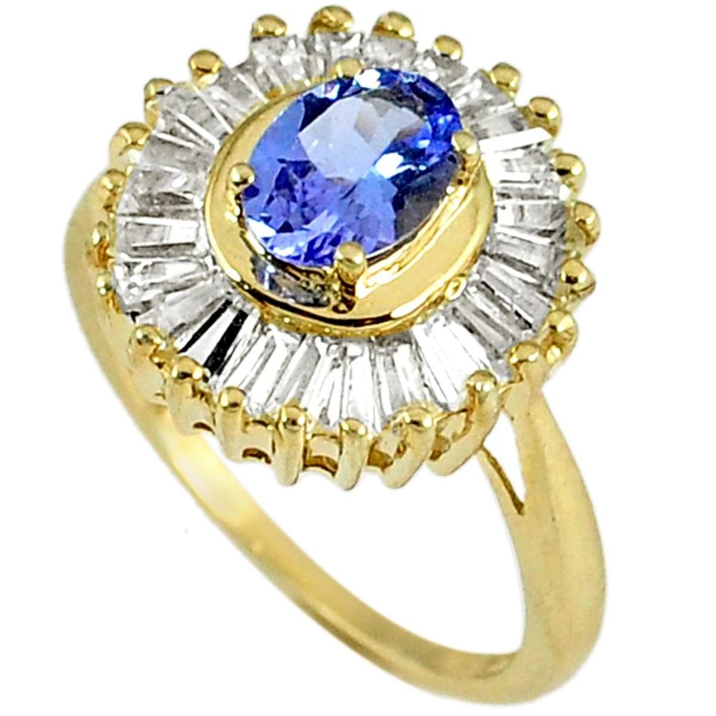 Natural blue tanzanite oval white topaz 925 silver 14k gold ring size 7.5 a30439