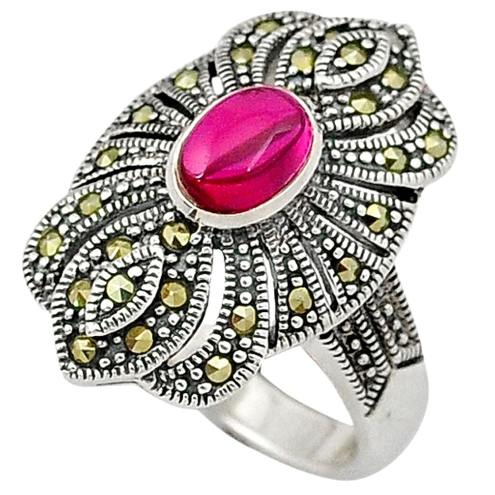 925 sterling silver red ruby quartz marcasite ring jewelry size 6.5 a31365