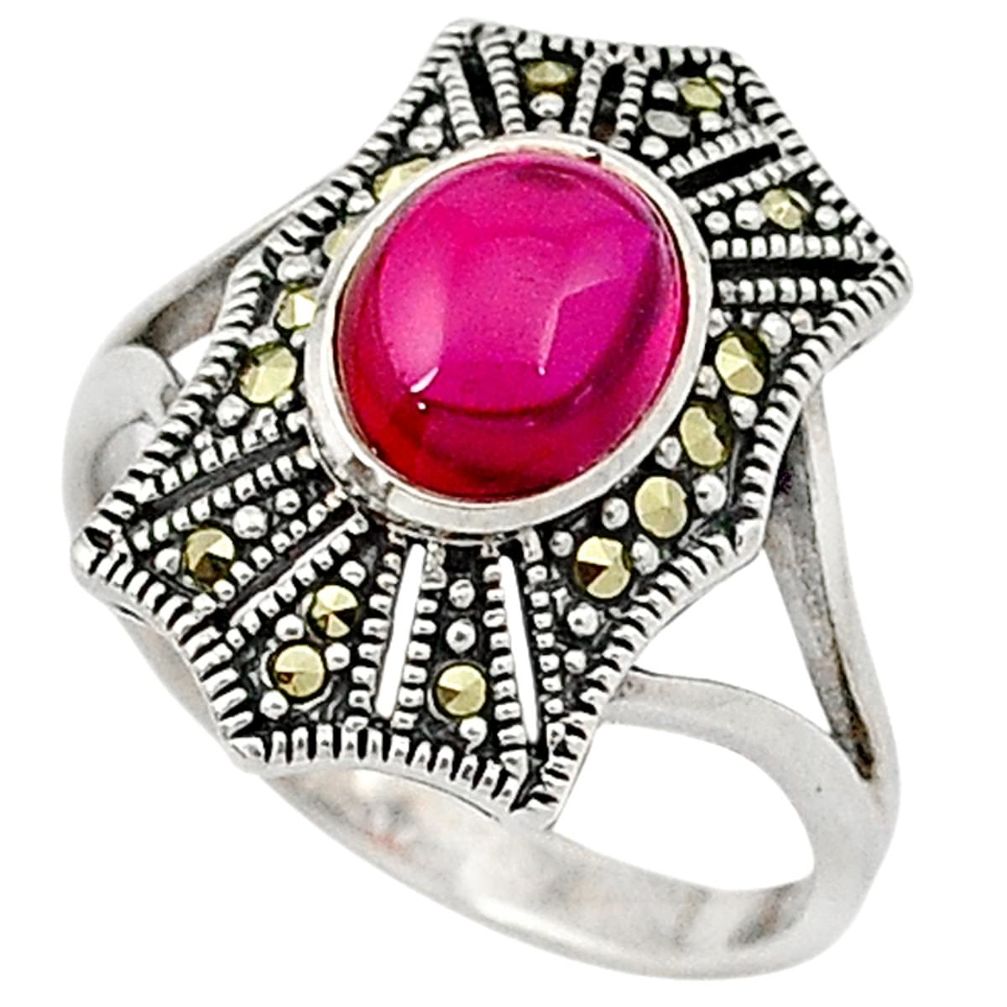 Red ruby quartz oval marcasite 925 sterling silver ring jewelry size 8 a31378