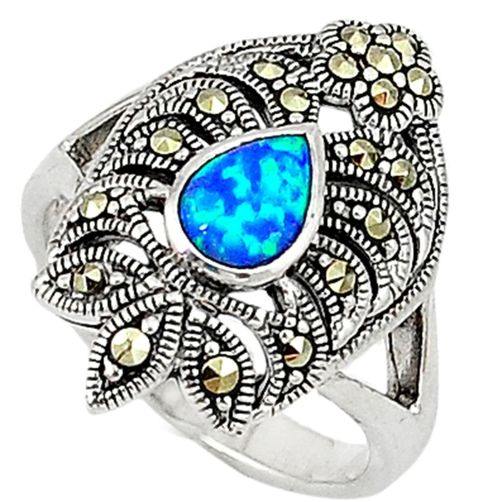 Blue australian opal (lab) marcasite 925 silver ring jewelry size 6.5 a31464