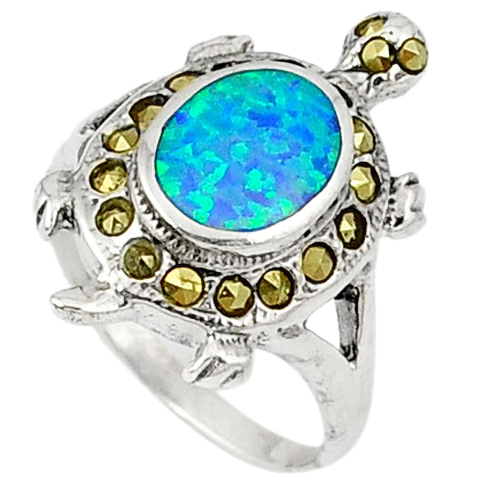 Blue australian opal (lab) 925 silver tortoise ring jewelry size 6.5 a31499