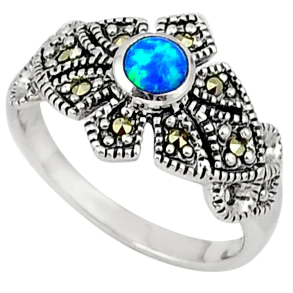 Blue australian opal (lab) round marcasite 925 silver ring size 8.5 a31566