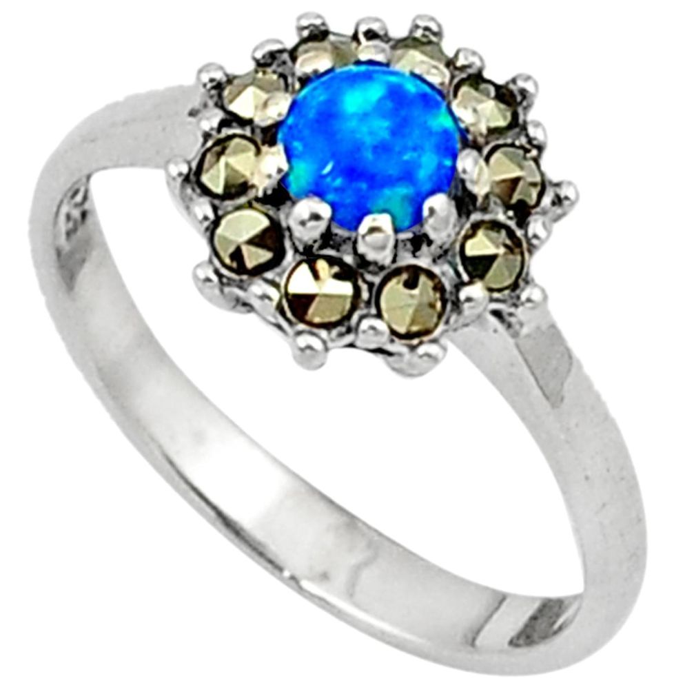Blue australian opal (lab) round marcasite 925 silver ring size 8.5 a31574