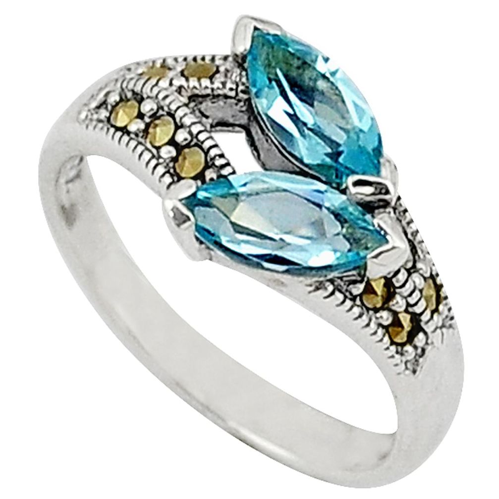 Natural blue topaz fine marcasite 925 sterling silver ring size 6 a32075