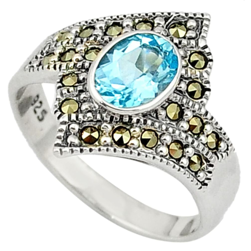 Natural blue topaz oval marcasite 925 sterling silver ring size 9 a32098