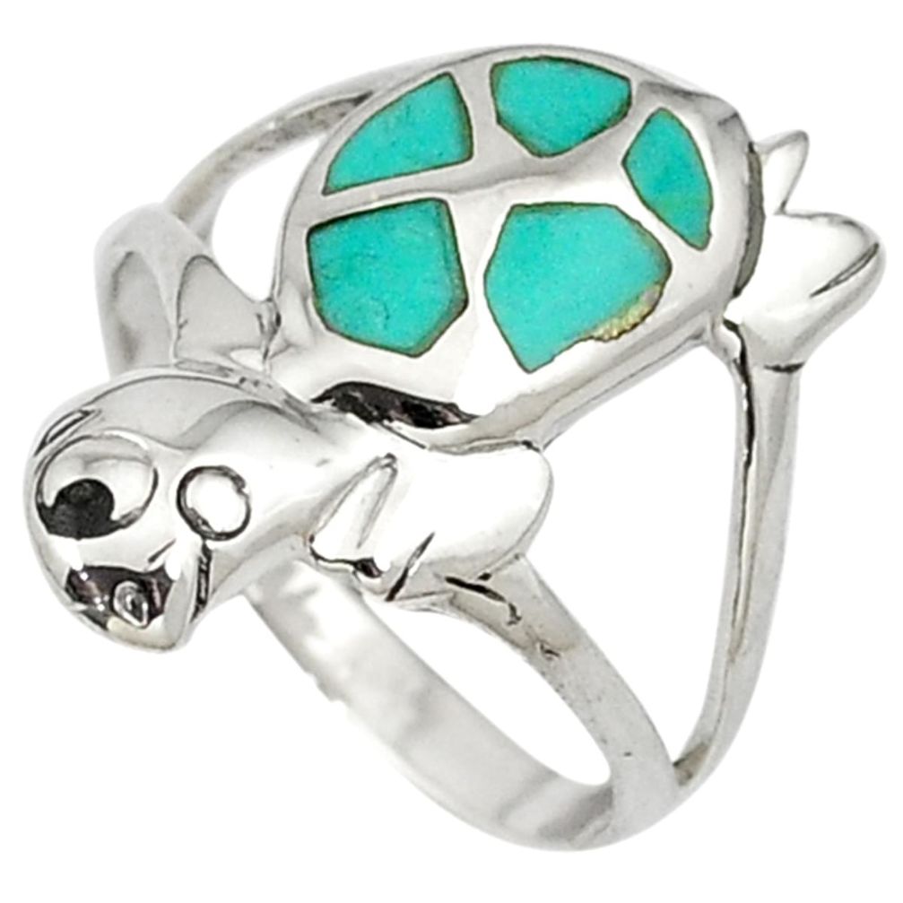 925 silver fine green turquoise enamel tortoise ring jewelry size 7.5 a32599