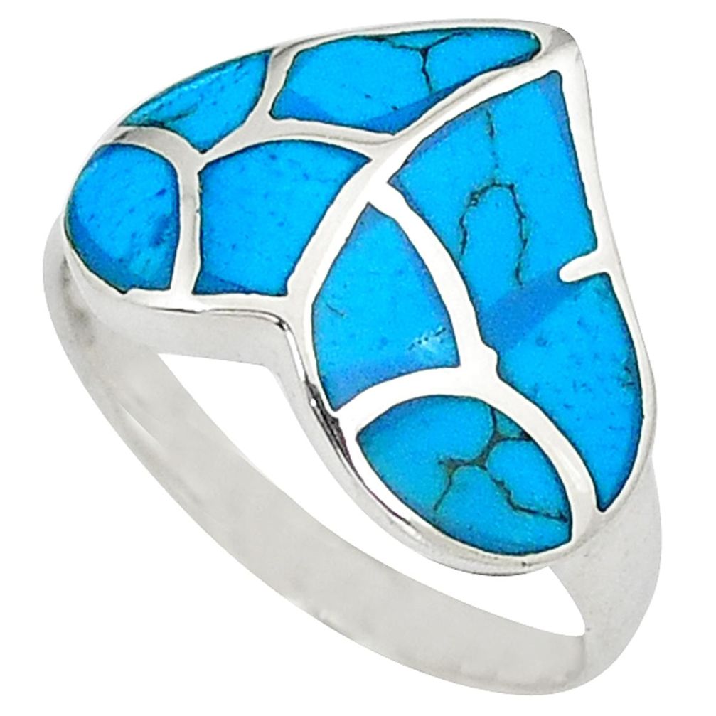 Fine blue turquoise enamel 925 sterling silver heart ring size 8.5 a32689