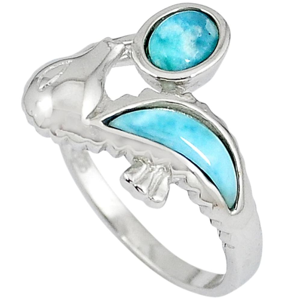 Natural blue larimar 925 sterling silver seahorse ring jewelry size 8.5 a33009