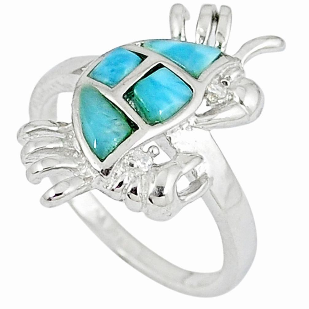 Natural blue larimar white topaz 925 sterling silver crab ring size 8 a33024