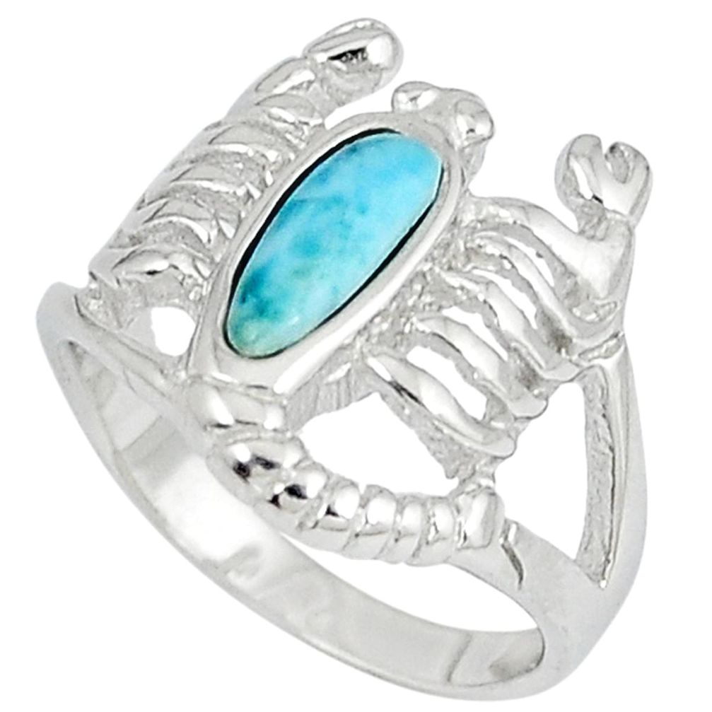 Natural blue larimar white topaz 925 silver scorpion charm ring size 6 a33058