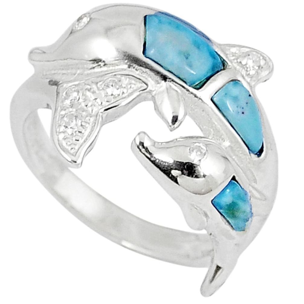Natural blue larimar white topaz 925 silver dolphin ring jewelry size 7 a33085