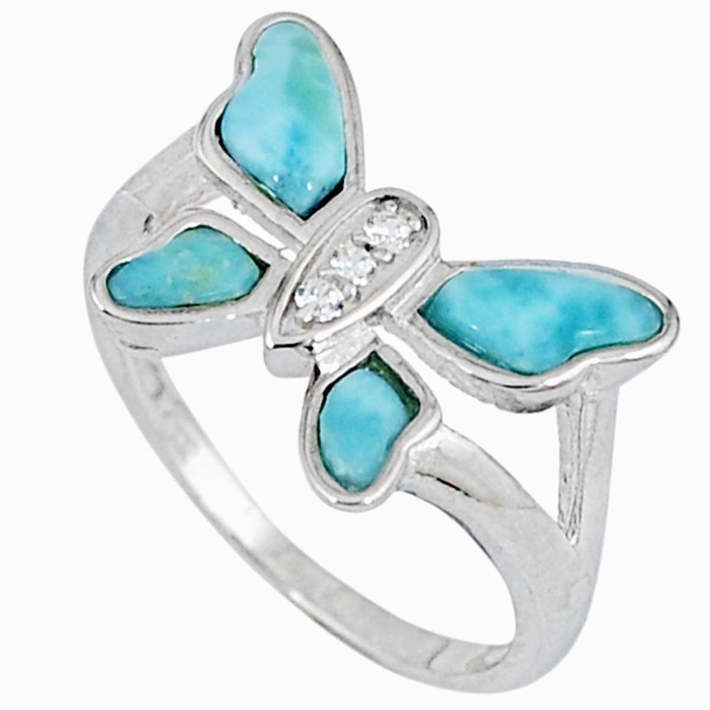 Natural blue larimar white topaz 925 silver butterfly ring size 7.5 a33124