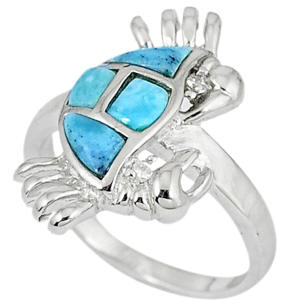 Natural blue larimar white topaz 925 sterling silver crab ring size 7 a33156