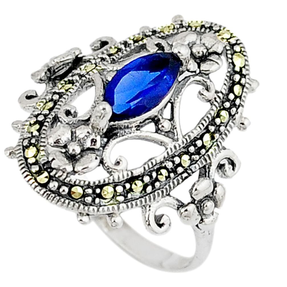 Blue sapphire quartz swiss marcasite 925 sterling silver ring size 6.5 a34493