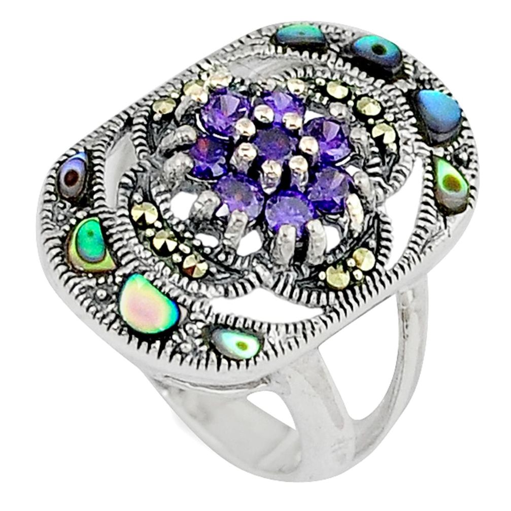 Purple amethyst quartz fine marcasite 925 silver ring jewelry size 5.5 a34497