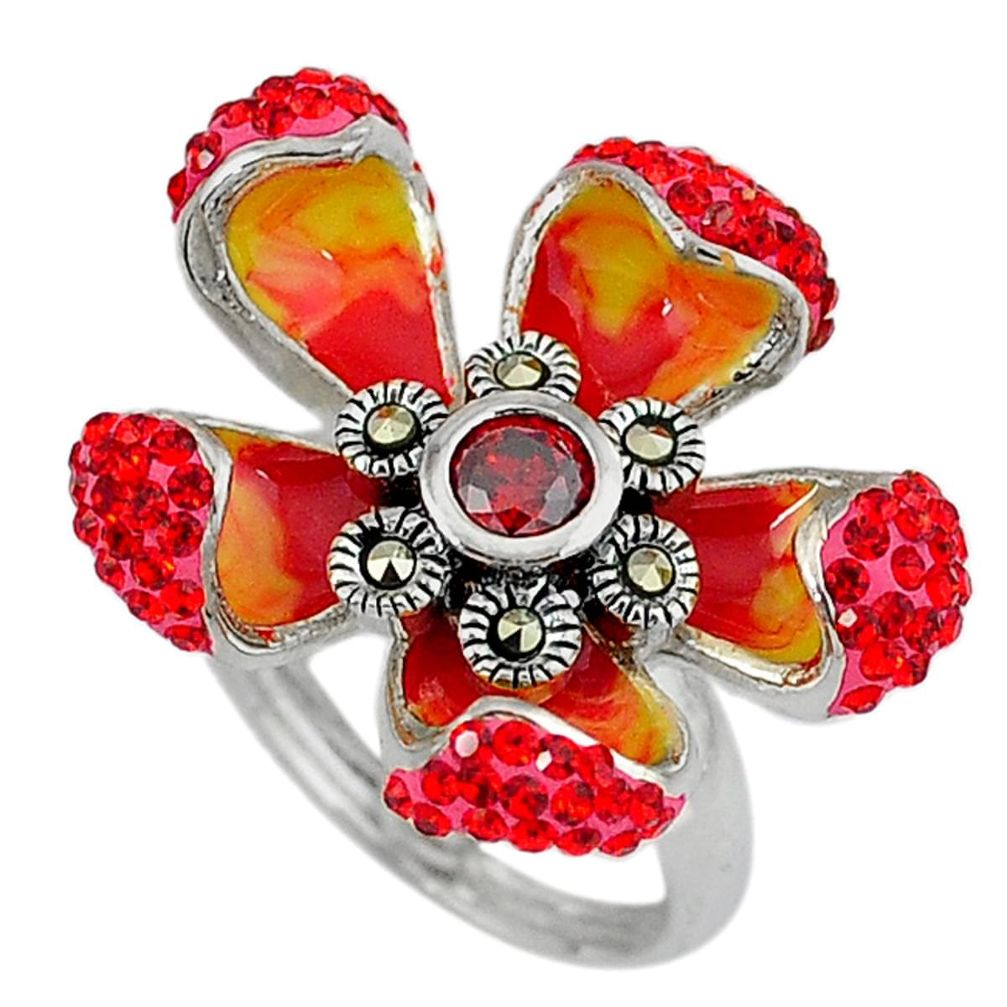 Natural red garnet marcasite enamel 925 silver flower ring size 6 a34570