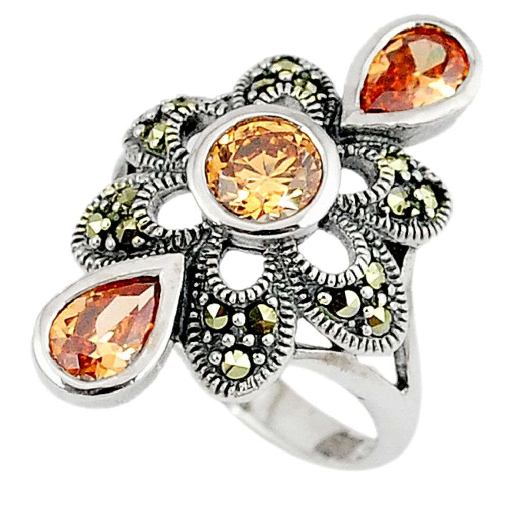 Art deco orange topaz marcasite 925 sterling silver ring jewelry size 5.5 a34595