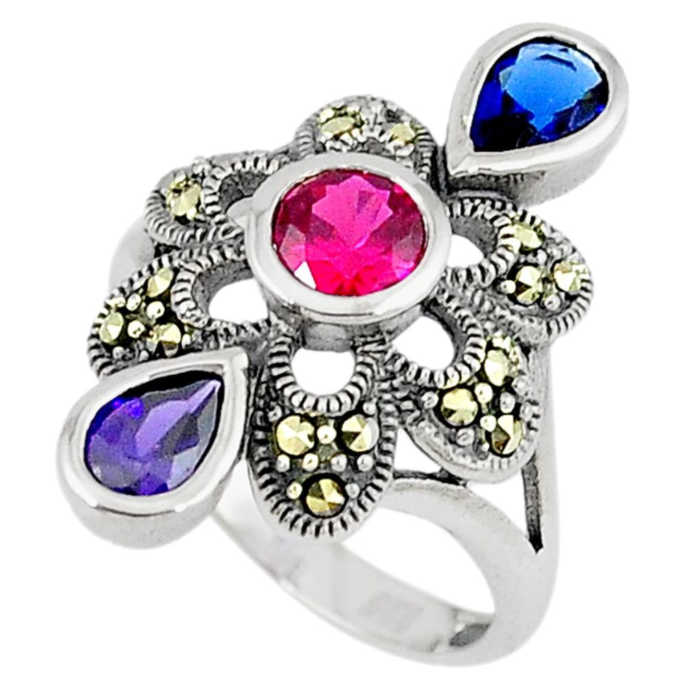 Art deco ruby quartz sapphire quartz 925 sterling silver ring size 5.5 a34597