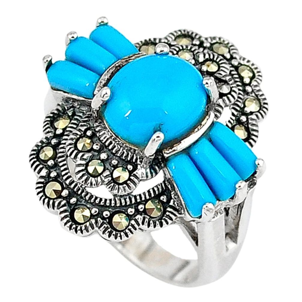 Blue sleeping beauty turquoise marcasite 925 silver ring jewelry size 7.5 a34605