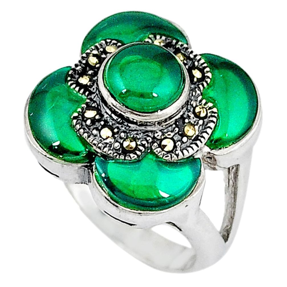 Natural green chalcedony marcasite 925 silver ring jewelry size 5.5 a34667