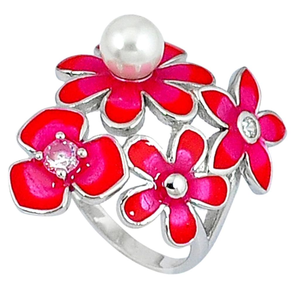 Natural white pearl topaz enamel 925 silver flower ring size 7.5 a34941