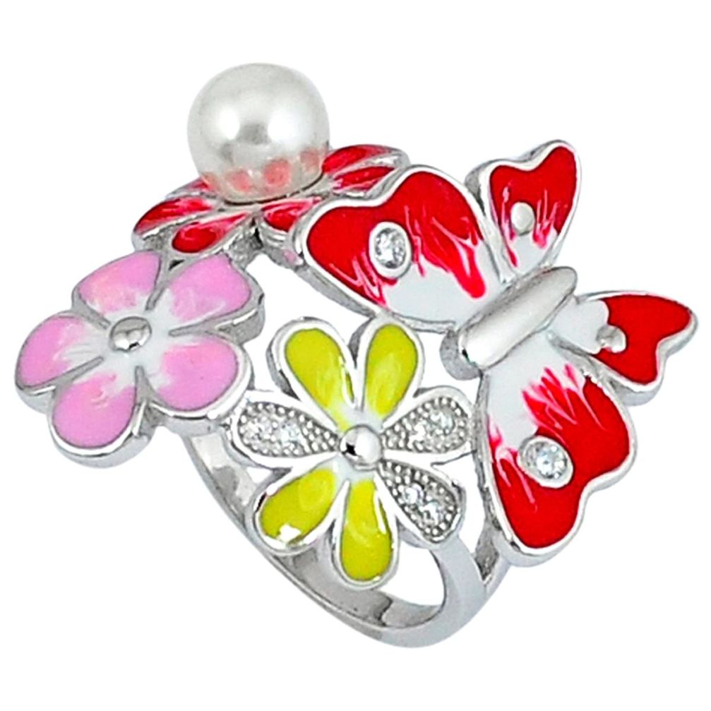 925 silver natural white pearl topaz enamel flower ring jewelry size 7.5 a34944