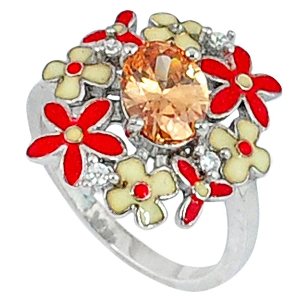 Natural orange topaz enamel 925 sterling silver flower ring size 6 a34946