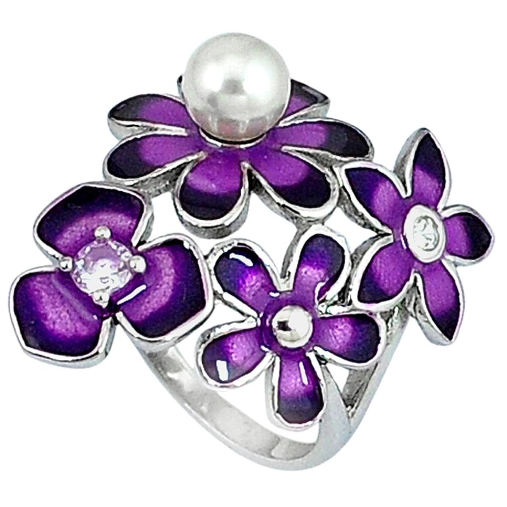 Natural white pearl topaz enamel 925 silver flower ring jewelry size 7 a34958