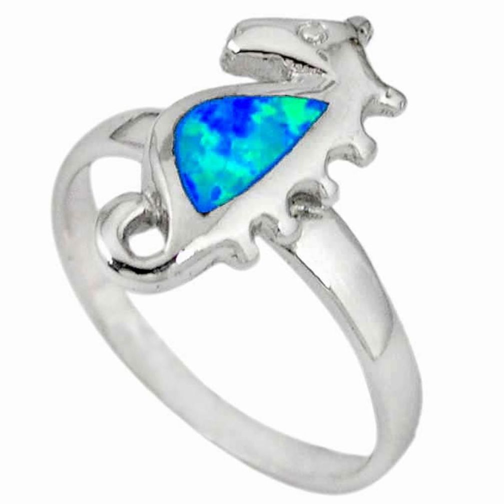 Blue australian opal (lab) 925 sterling silver seahorse ring size 6.5 a36542