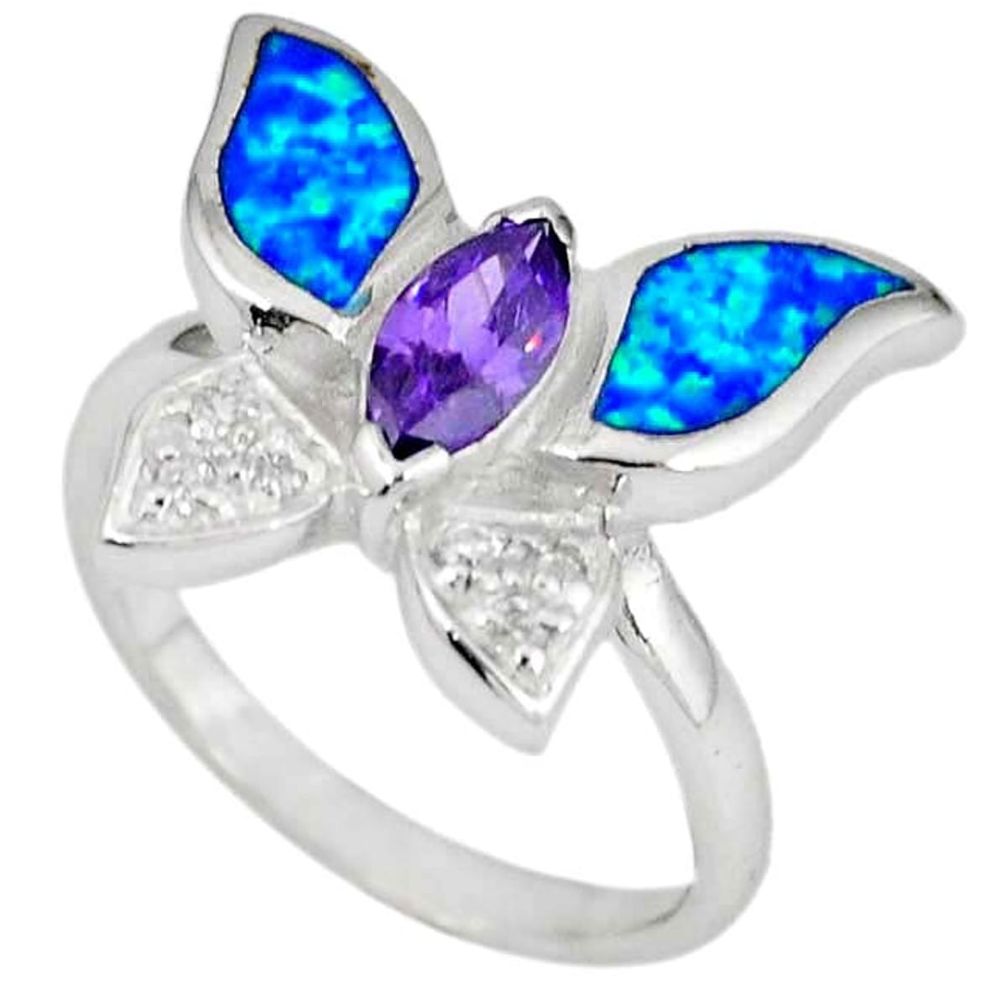 Blue australian opal (lab) amethyst 925 silver butterfly ring size 7.5 a36548