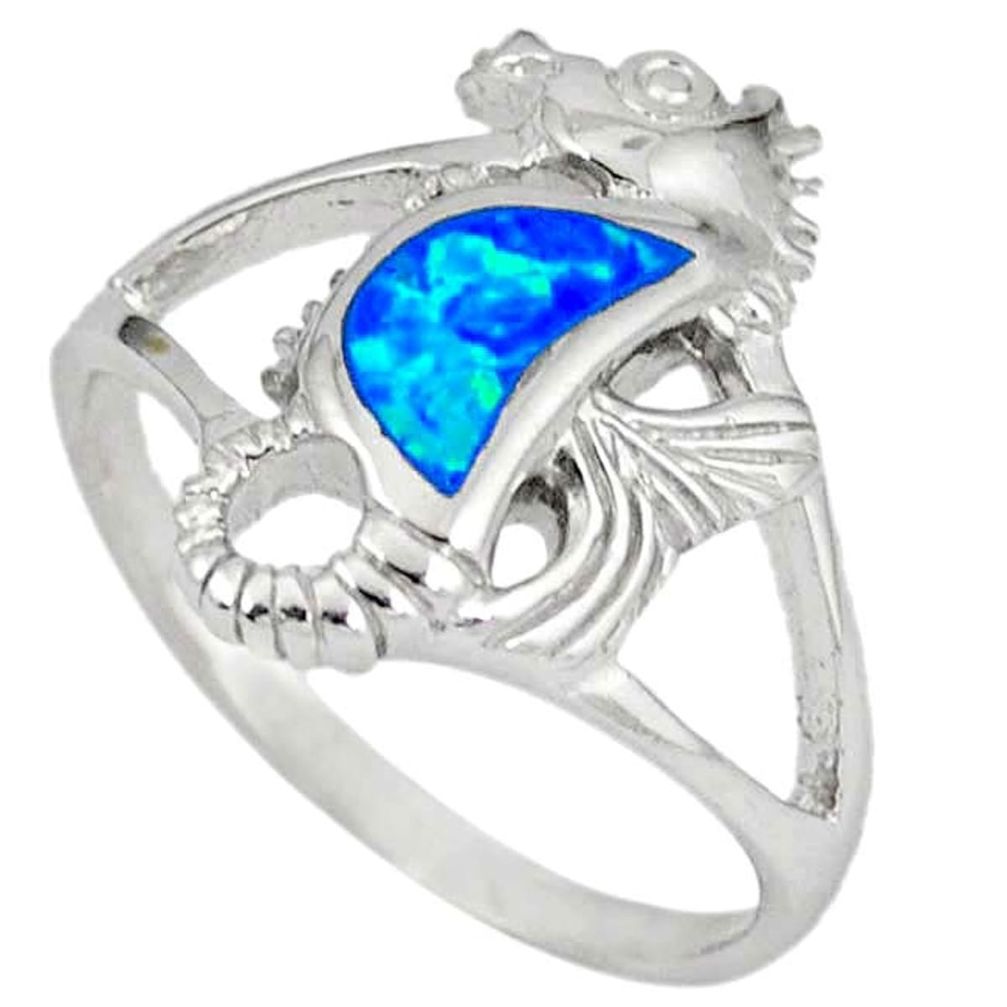 Clearance Sale-Blue australian opal (lab) 925 silver seahorse ring size 8 a36549