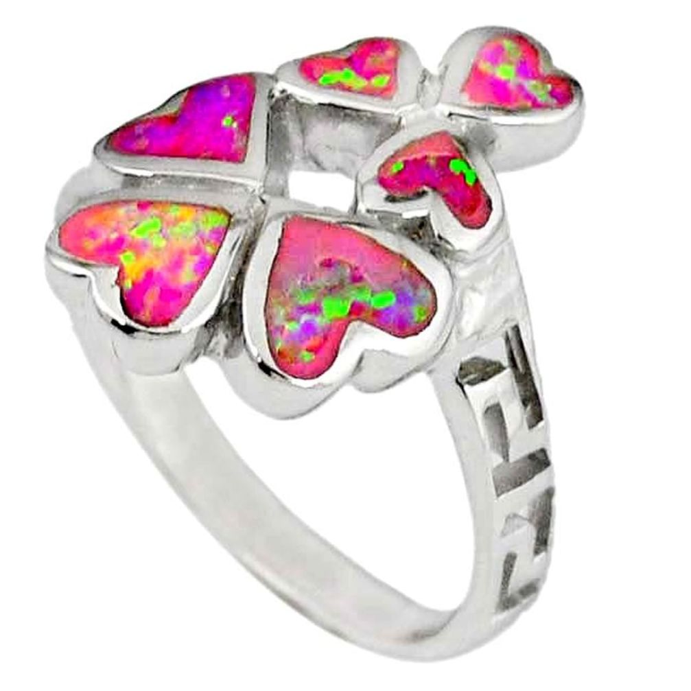 Pink australian opal (lab) 925 sterling silver heart ring size 5.5 a36551