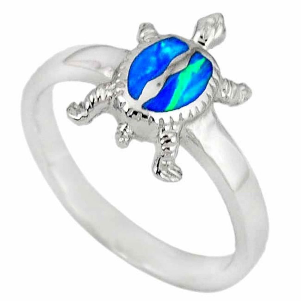 Blue australian opal (lab) 925 sterling silver tortoise ring size 6.5 a36555