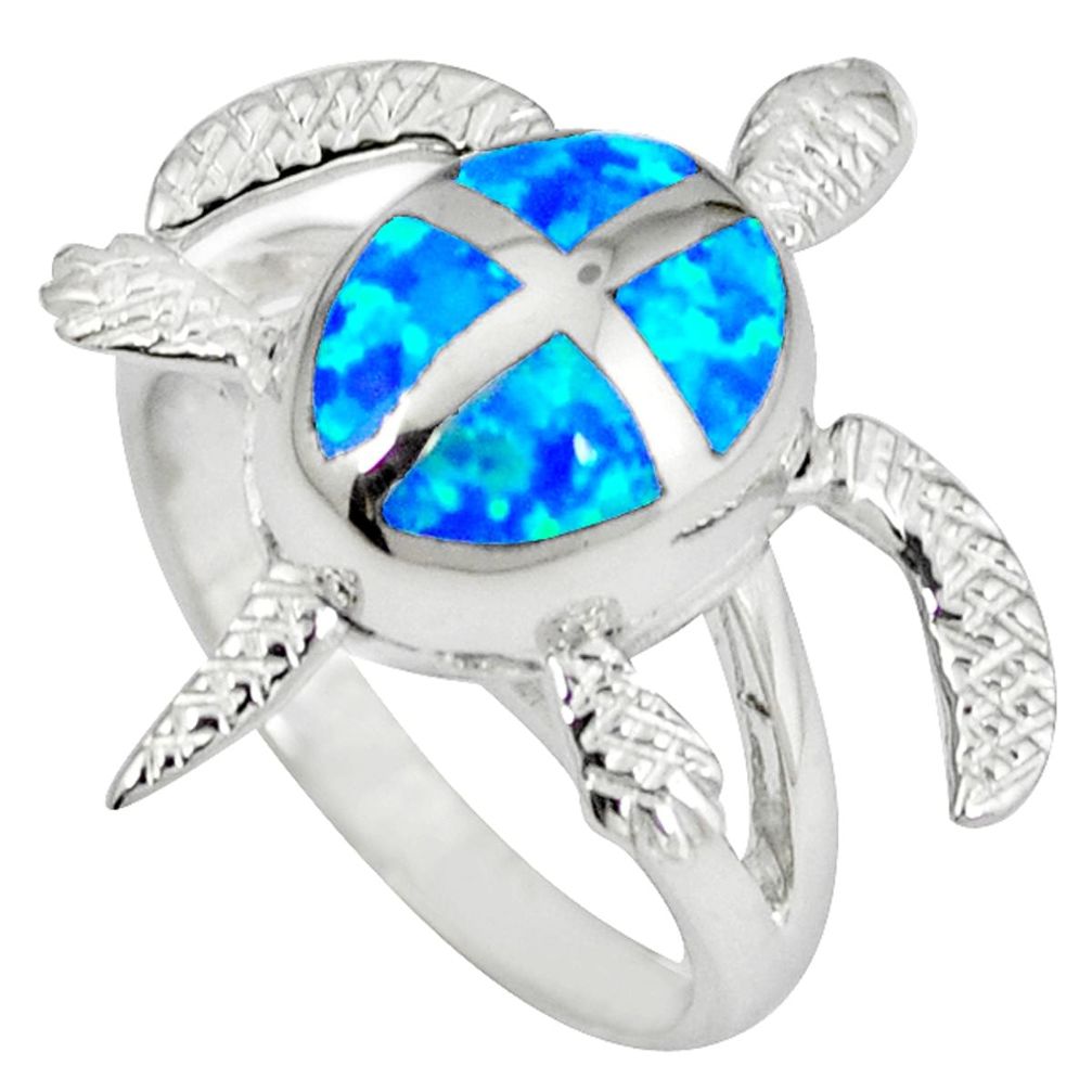 925 silver blue australian opal (lab) tortoise ring jewelry size 7.5 a36634