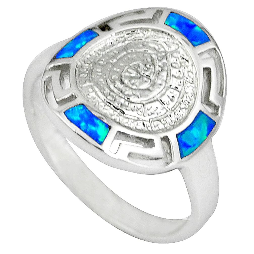 Blue australian opal (lab) 925 sterling silver jewelry ring size 7.5 a36643