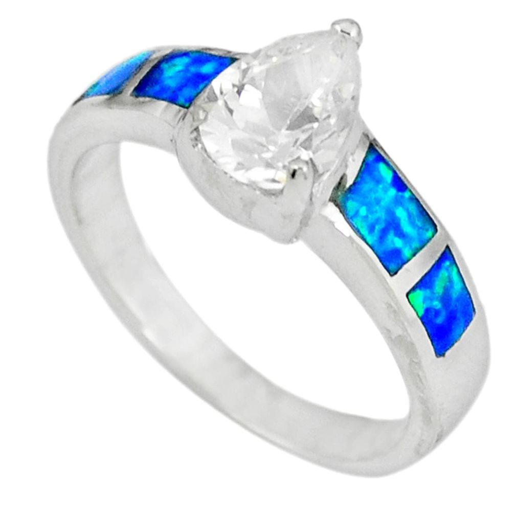 Blue australian opal (lab) white topaz 925 sterling silver ring size 6.5 a36644