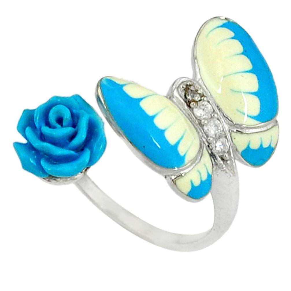 Natural white topaz enamel 925 silver butterfly with flower ring size 8.5 a36876