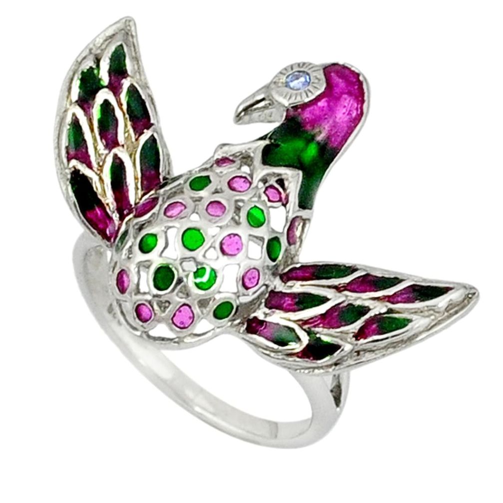 Natural white topaz enamel 925 sterling silver bird ring size 7 a36877