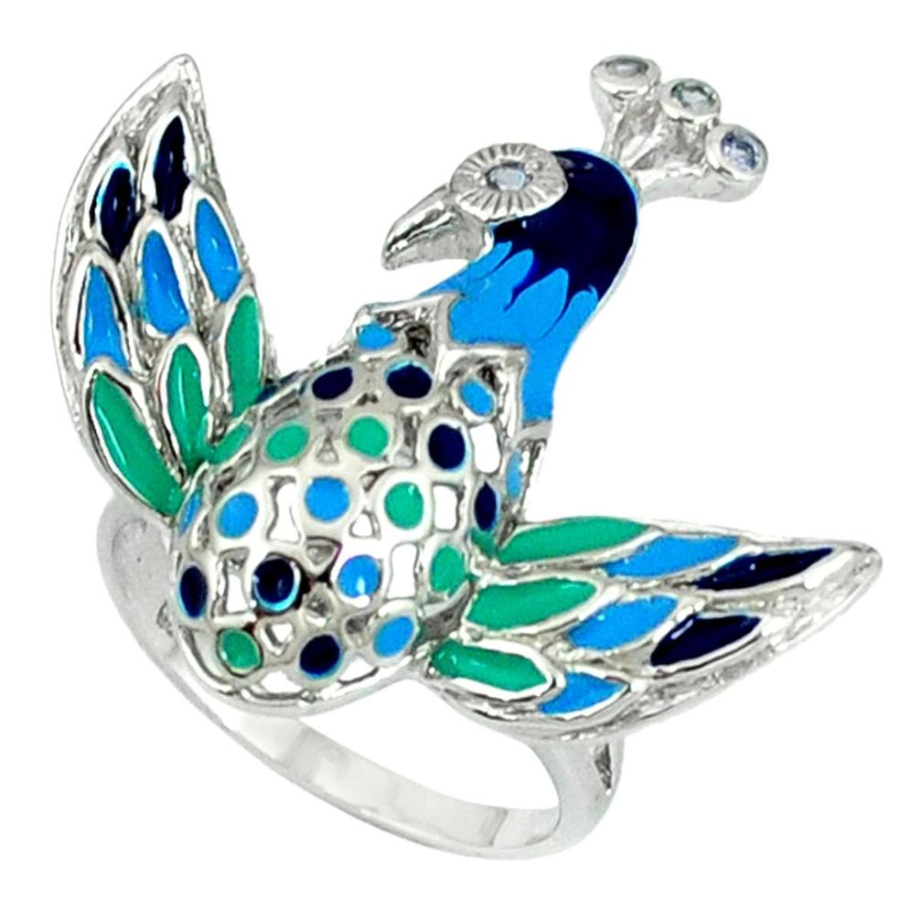 Natural white topaz enamel 925 sterling silver bird charm ring size 7 a36894