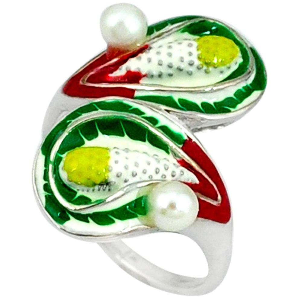 925 sterling silver natural white pearl round enamel ring jewelry size 7 a36900