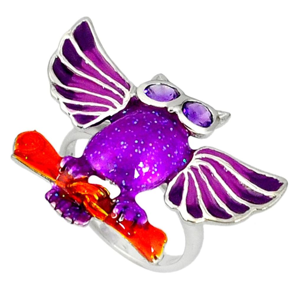 Natural purple amethyst enamel 925 silver owl ring size 7 a36975