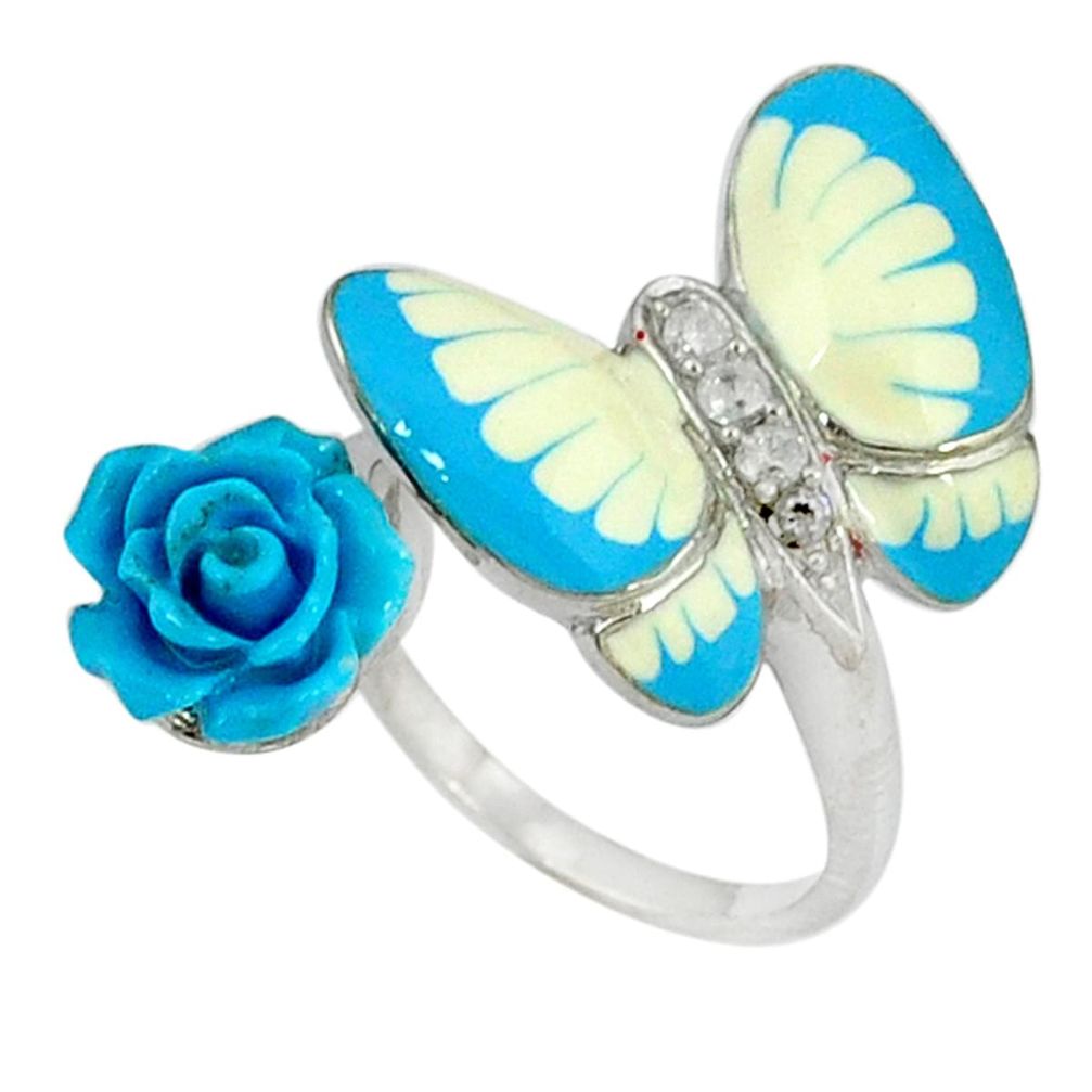 White topaz enamel 925 silver butterfly with flower ring size 6.5 a37037