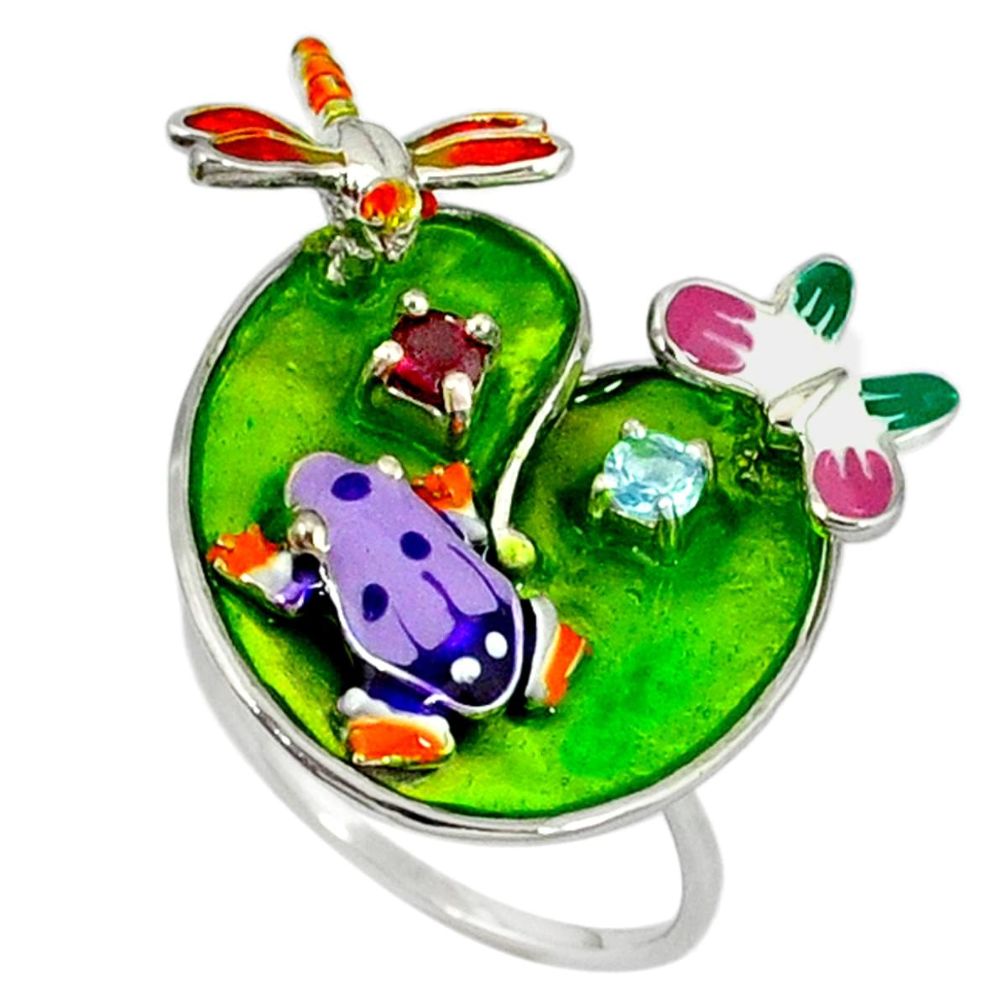 Red garnet topaz enamel 925 silver frog with butterfly ring size 8 a37039