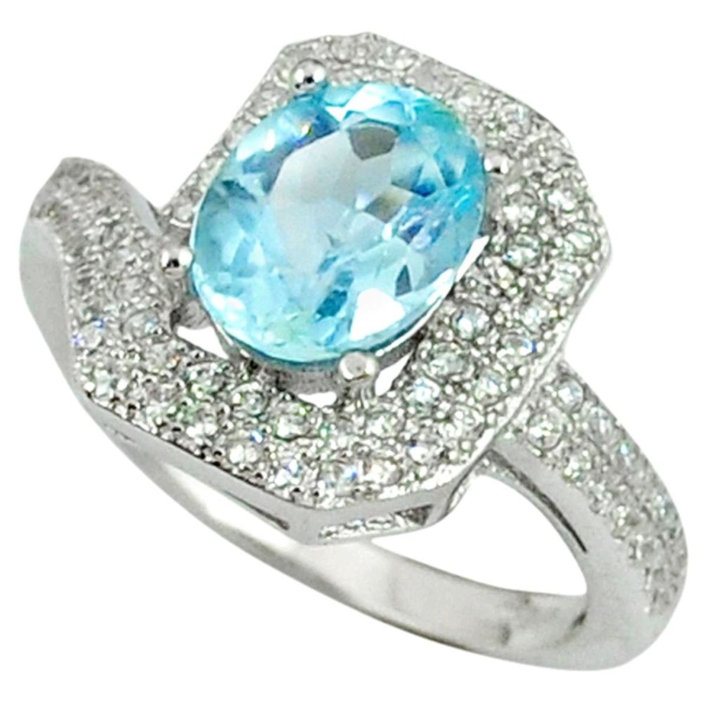 Natural blue topaz white topaz round 925 sterling silver ring size 6.5 a37258
