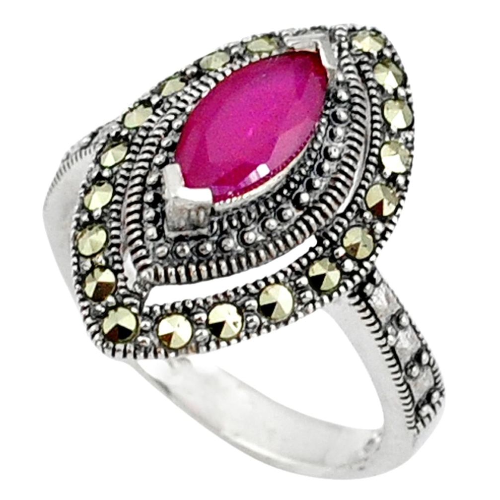 925 sterling silver red faux ruby fine marcasite ring jewelry size 7.5 a37760