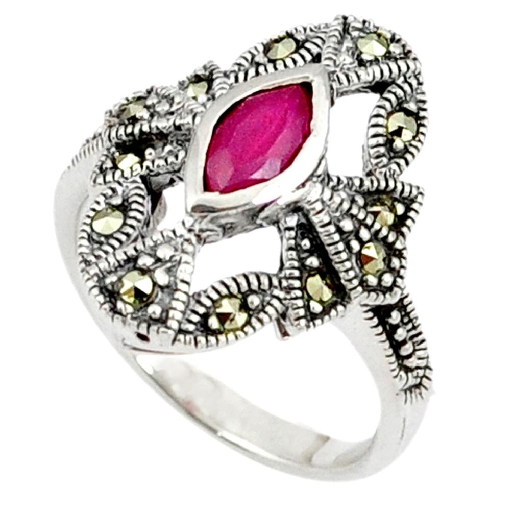 Red faux ruby fine marcasite 925 sterling silver ring jewelry size 6 a37783