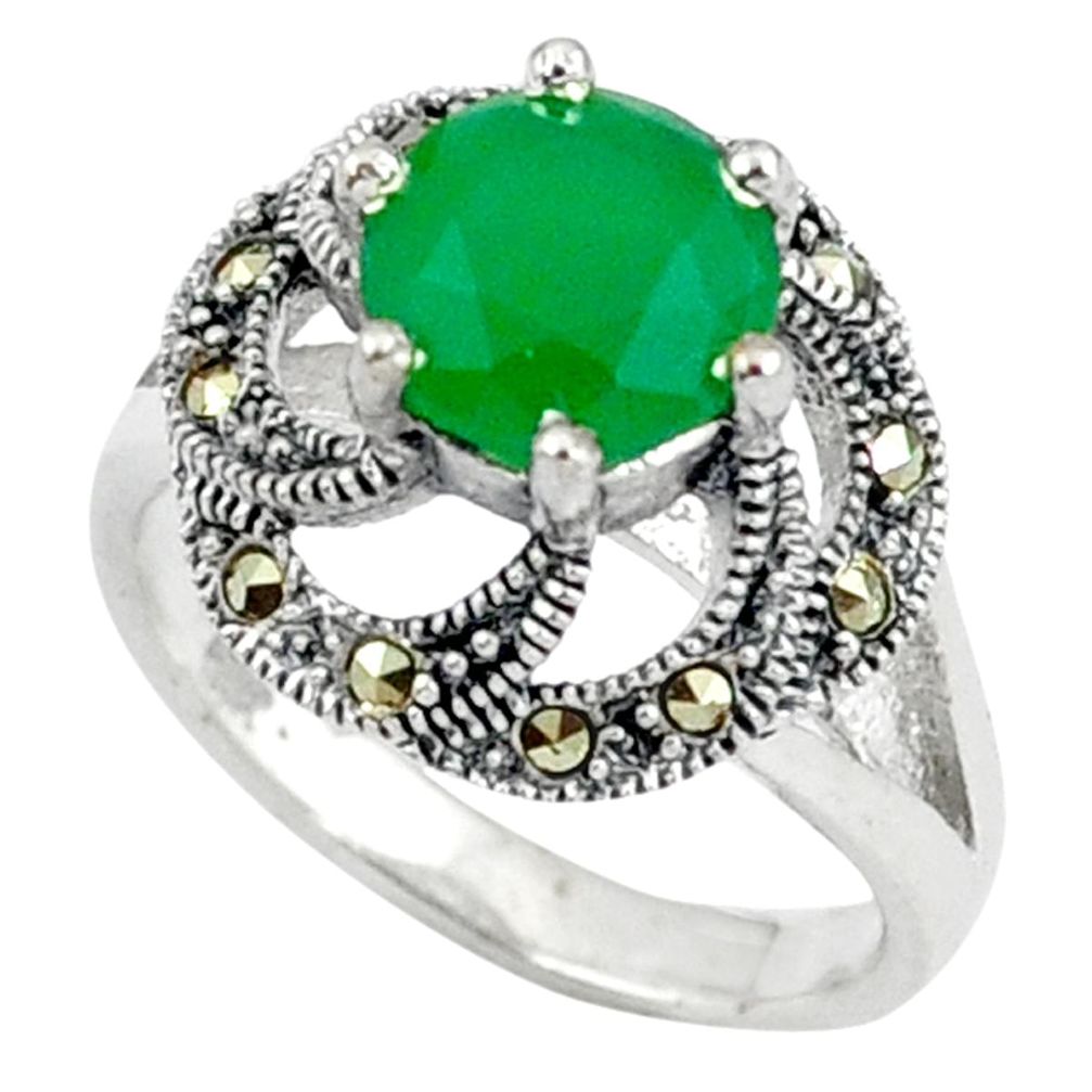 Natural green chalcedony marcasite 925 sterling silver ring size 7.5 a37793