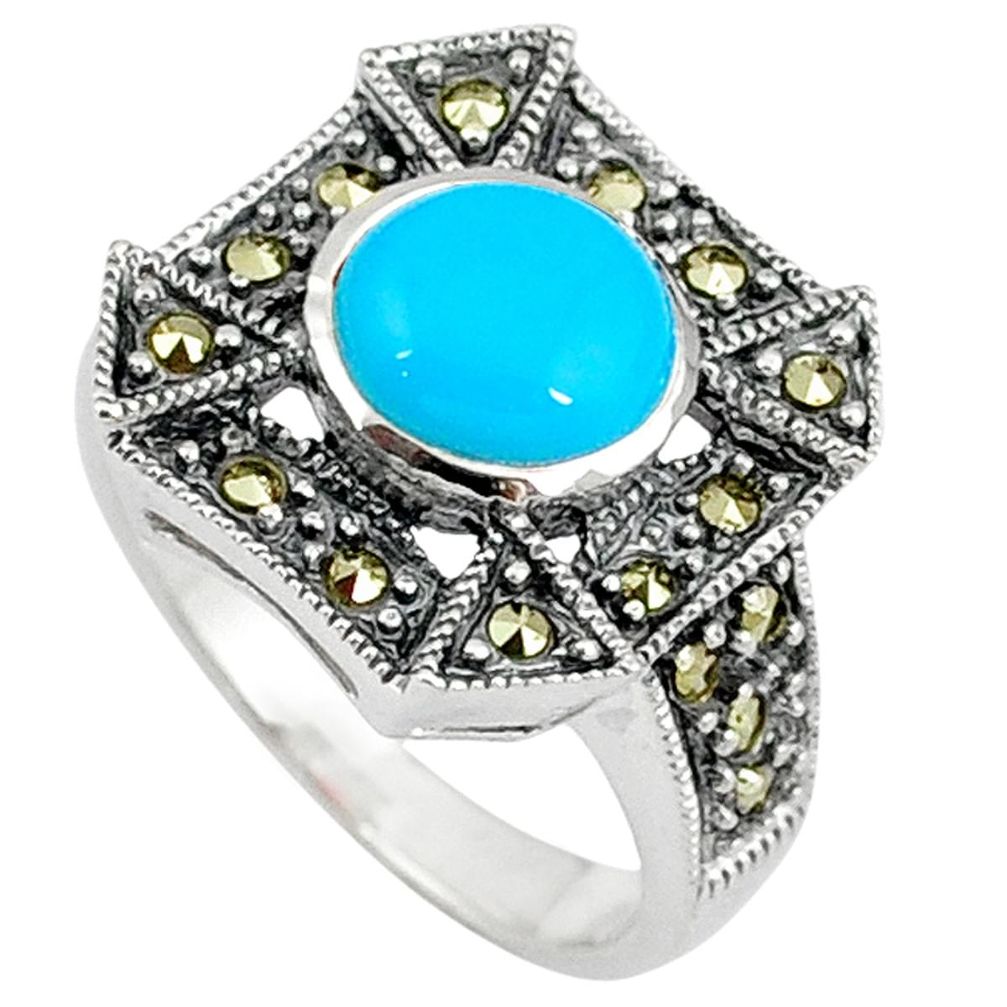 Blue sleeping beauty turquoise marcasite 925 silver ring jewelry size 7.5 a37839