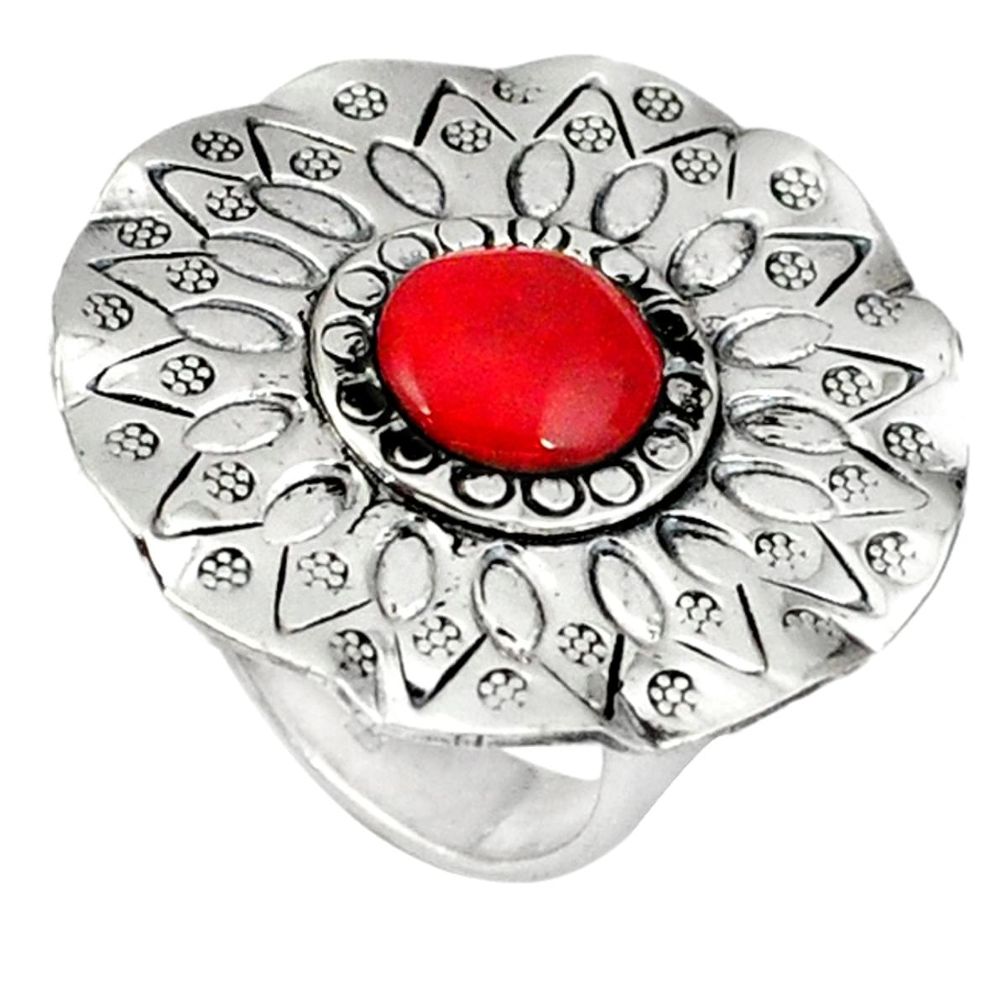 Red coral round 925 sterling silver adjustable ring handmade size 6.5 a37887